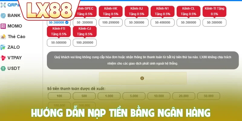 Hướng dẫn nạp tiền LX88 bằng ngân hàng
